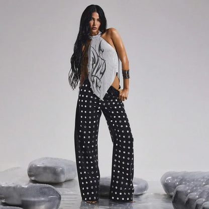 Mirror Rivet Baggy Straight-Leg Jeans – Y2K Mid-Waist Women's Trousers