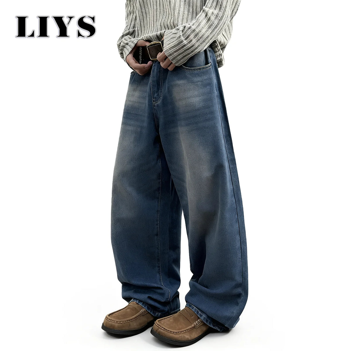 Men's Baggy Jeans – Retro Washed Blue Straight-Leg Denim Pants