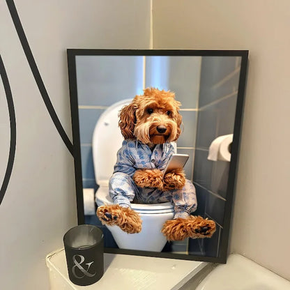 Funny Dog Bathroom Poster – Dog Reading Newspaper on Toilet Wall Art