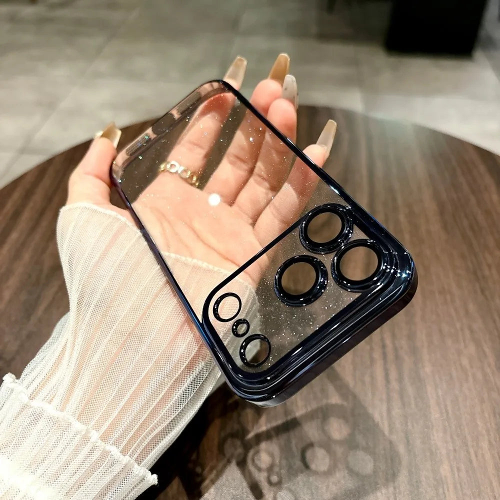 Glitter Transparent iPhone Case with Electroplated Frame – iPhone 11–17 Series