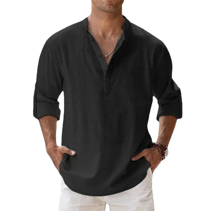 Men's Cotton Linen Henley Shirt – Long Sleeve Casual Beach Top