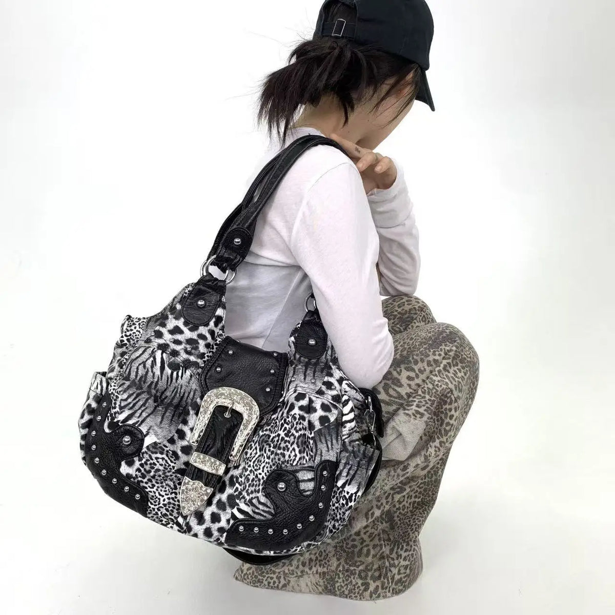 Y2K Leopard Patchwork Rivet Crossbody Tote Bag