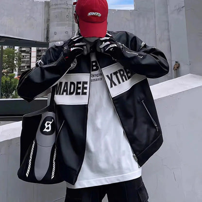 Color Block Motorcycle Leather Jacket – Retro Embroidered Biker Coat