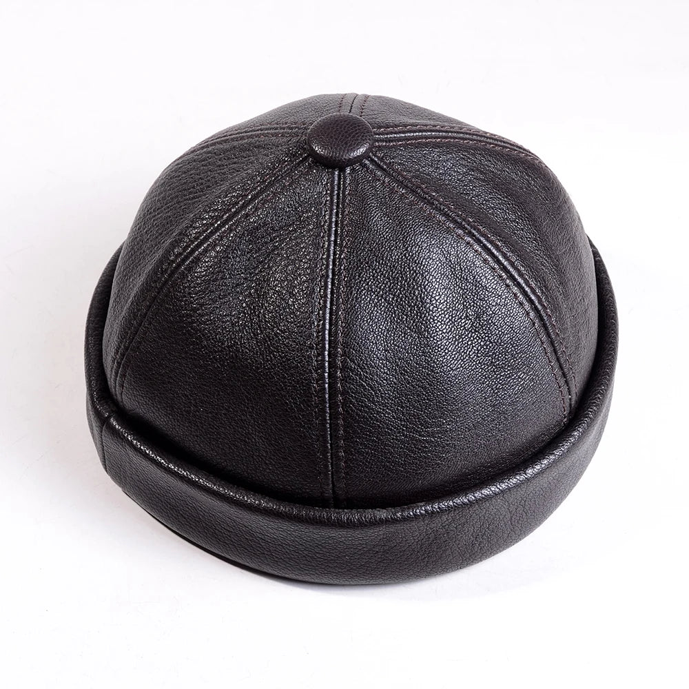 Men S Women Real Leather Winter Warm Skullcap Beanies Beret Round Hat Brimless Caps
