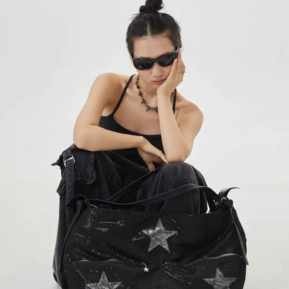 Star Black Large Capacity Tote Bag Women Hot Girls Beading Y2k Shoulder