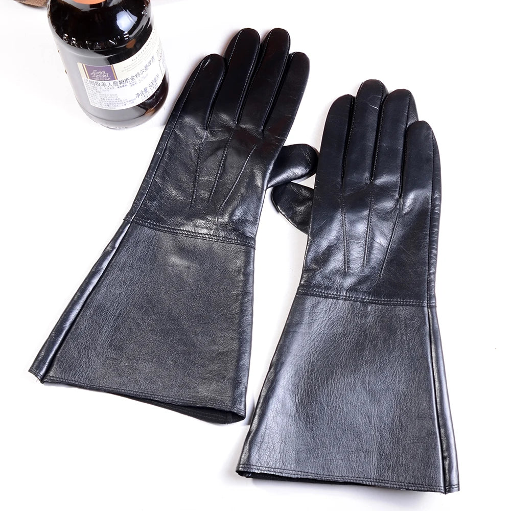 Men's Goatskin Leather Long Cuff Motorcycle Gauntlet Gloves