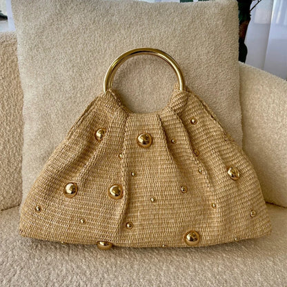 Boho Beaded Straw Handbag Elegant Circle Handle Clutch
