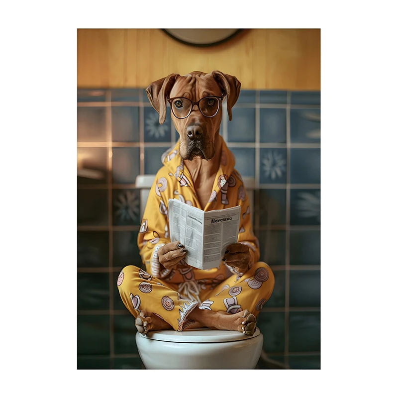 Funny Dog Bathroom Poster – Dog Reading Newspaper on Toilet Wall Art