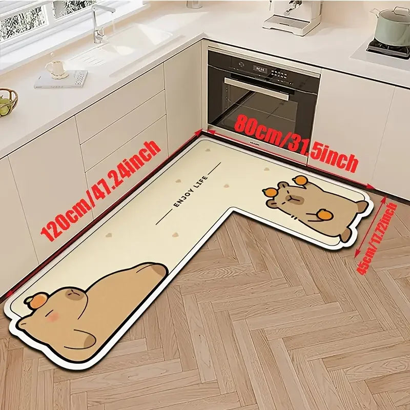 Cartoon L-Shaped Kitchen Floor Mat – Non-Slip Water Absorbent Rug