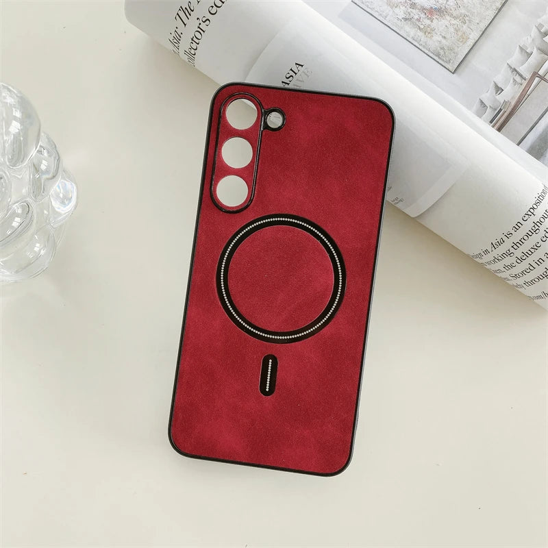 Leather Samsung Galaxy Case – Magnetic Wireless Charging Cover S21–S26