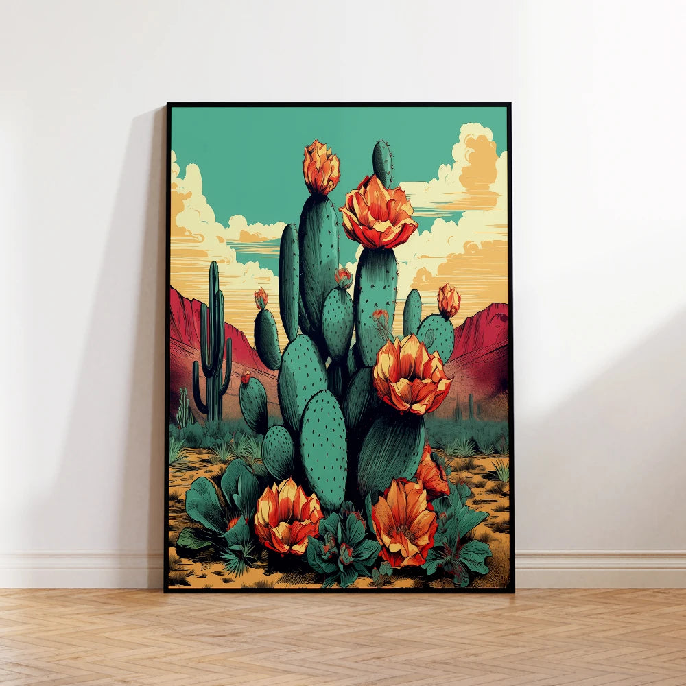 Desert Cactus Sunset Wall Art Canvas Poster – Flowering Southwest Print