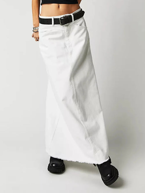 Y2K Vintage Denim Maxi Skirt – Women's A-Line Frayed Hem Long Jean Skirt