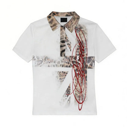 Y2K Polo Shirt Men Union Jack Leopard Print Glitter Harajuku Streetwear
