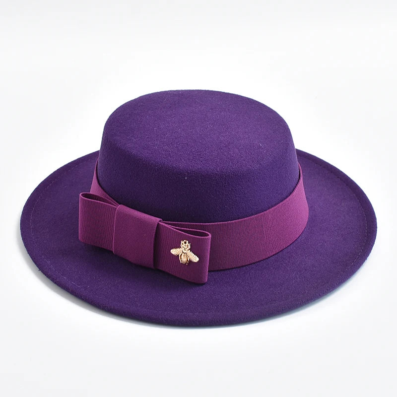 Women's Flat Top Fedora Hat – Bow & Bee Pin, Church & Party