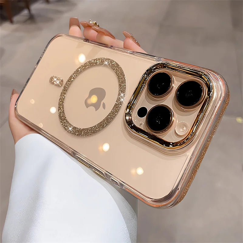 Glitter Clear Phone Case for iPhone 16 15 14 13 12 11 Pro Max Plus – Magnetic Wireless Charging