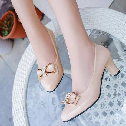 Women's Low Block Heel Pumps with Bow Detail