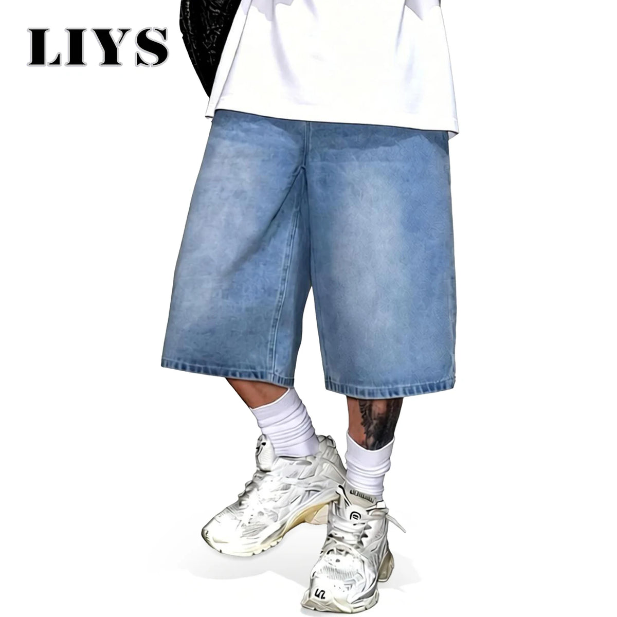 Baggy Wide-Leg Denim Shorts – Men's Light Blue Streetwear