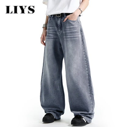 Men S American Retro Washed Polished White Loose Wide Leg Jeans Daily Business Leisure Unisex Baggy