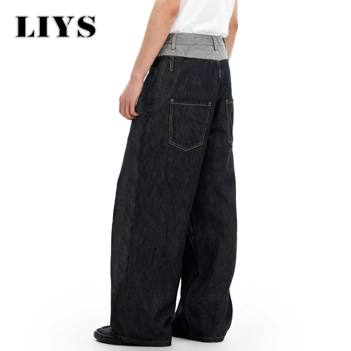 Men S Retro Personalized Double Waist Design Loose Wide Leg Jeans Street Denim Pants Gothic Baggy