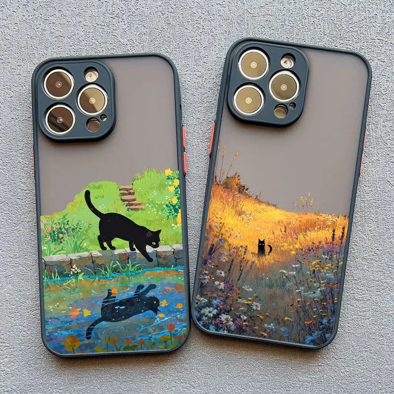 Anime Black Cat Floral iPhone Case – iPhone 11 to 17 Pro Max