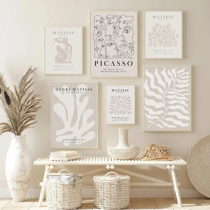 Neutral Beige Botanical Leaf Wall Art Canvas Poster – Mid-Century Minimalist Print