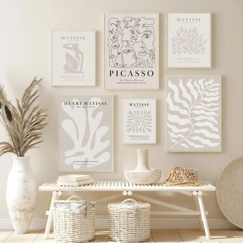 Neutral Beige Botanical Leaf Wall Art Canvas Poster – Mid-Century Minimalist Print
