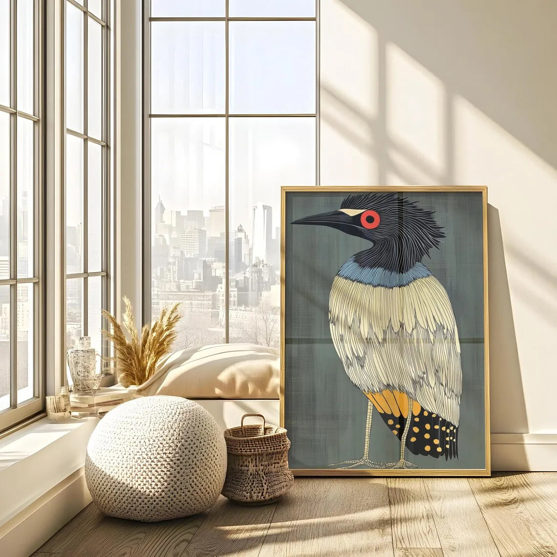 Retro Heron Wall Art Print – Abstract Bird Poster for Modern Home Decor