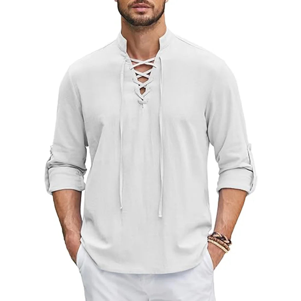 Men's Medieval Linen Shirt Lace-Up Renaissance Pirate Viking Top