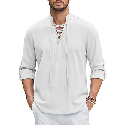 Men's Medieval Linen Shirt Lace-Up Renaissance Pirate Viking Top