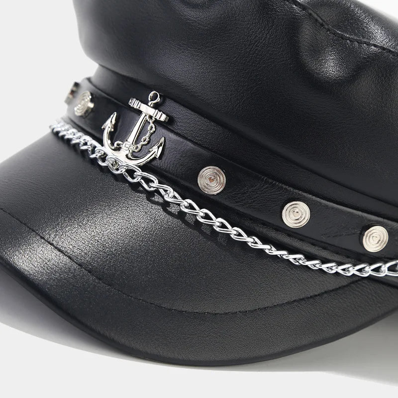 PU Leather Newsboy Cap Vintage Flat Military Hat