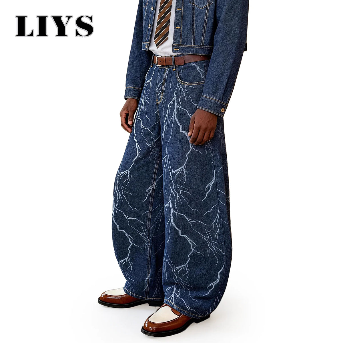 LIYS Lightning Print Baggy Wide Leg Jeans – Blue Streetwear Denim