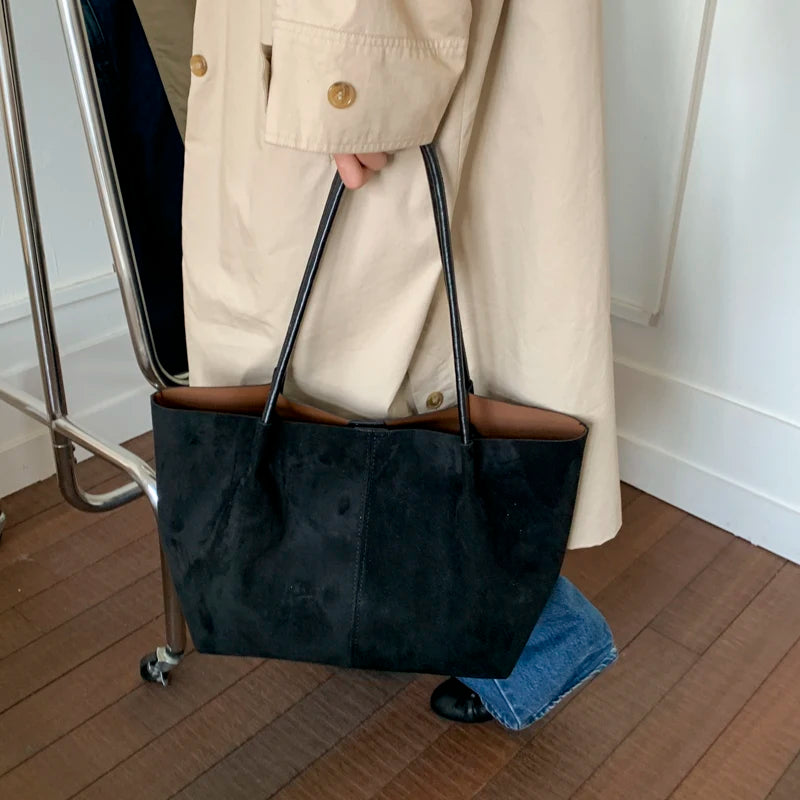 Faux Suede Large Tote Shoulder Bag for Women – Retro Soft Luxury