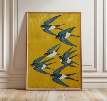 Japanese Swallow Birds Wall Art Poster – Yellow & Teal Canvas Print