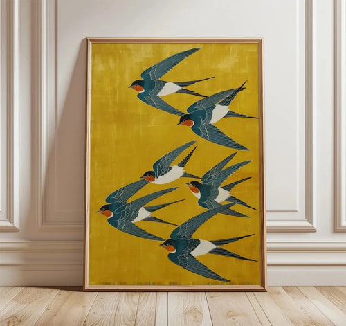 Japanese Swallow Birds Wall Art Poster – Yellow & Teal Canvas Print