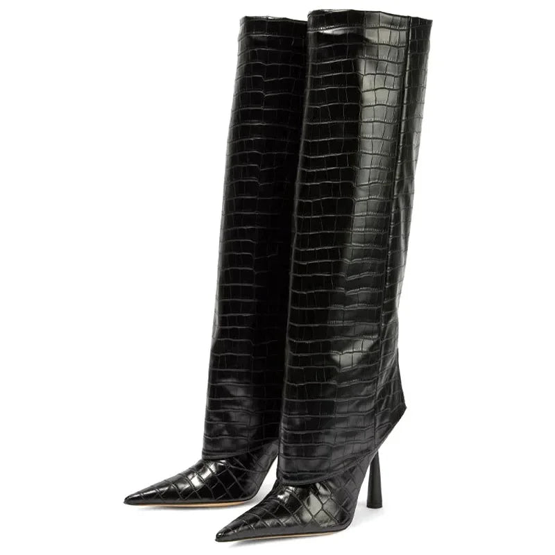Knee-High Stiletto Boots for Women – Croc Pattern Leather
