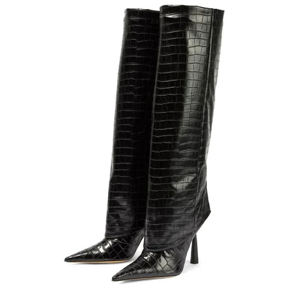 Knee-High Stiletto Boots for Women – Croc Pattern Leather