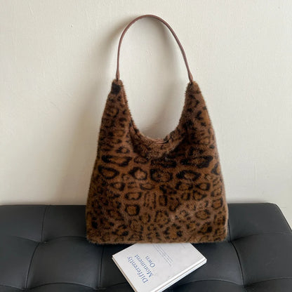 Leftside Soft Warm Faux Fur Leopard Shoulder Bags Women Winter Korean Handbags Trend Hobo Bag - Soft