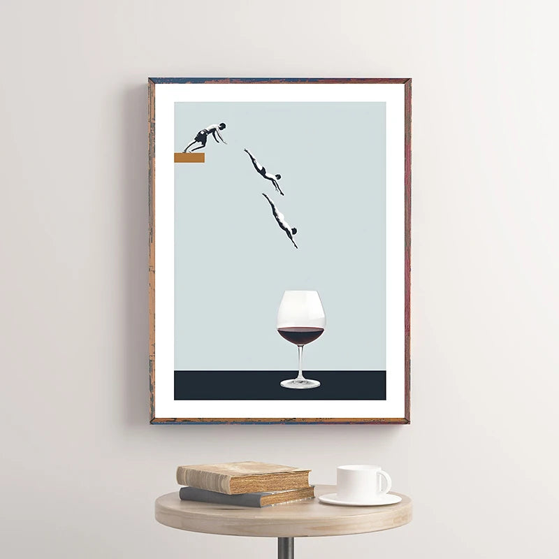 Surrealist Diver Wine Glass Wall Art Poster – Unframed Print