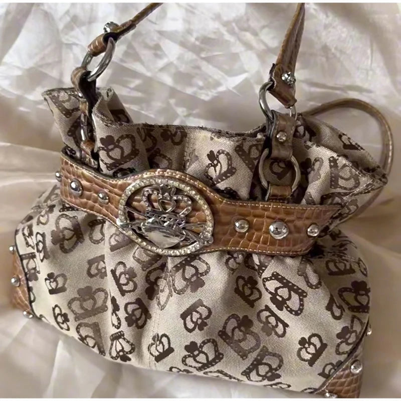 Vintage Y2k Print Shoulder Tote Bag Leather Splice Rivet