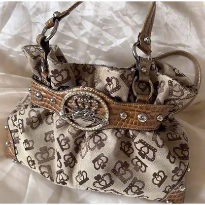 Vintage Y2k Print Shoulder Tote Bag Leather Splice Rivet