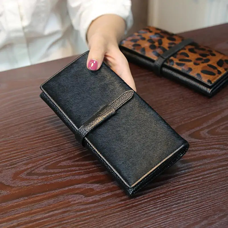 Leopard Print Genuine Leather Long Wallet for Women