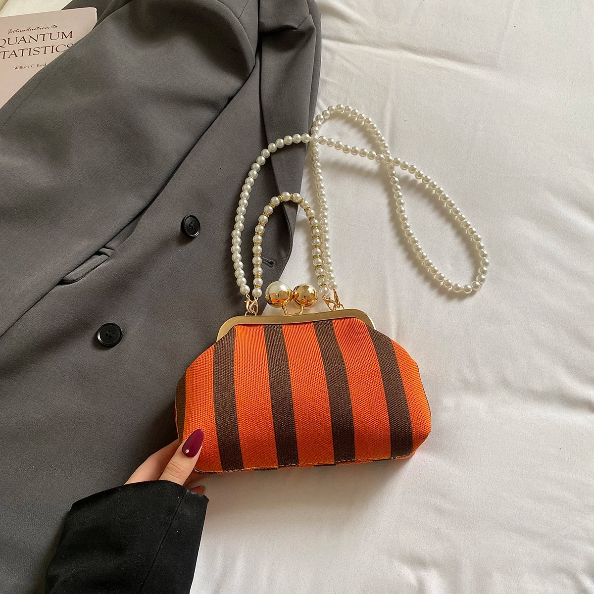 Pearl Chain Kisslock Handbag – Striped Fabric Evening Bag