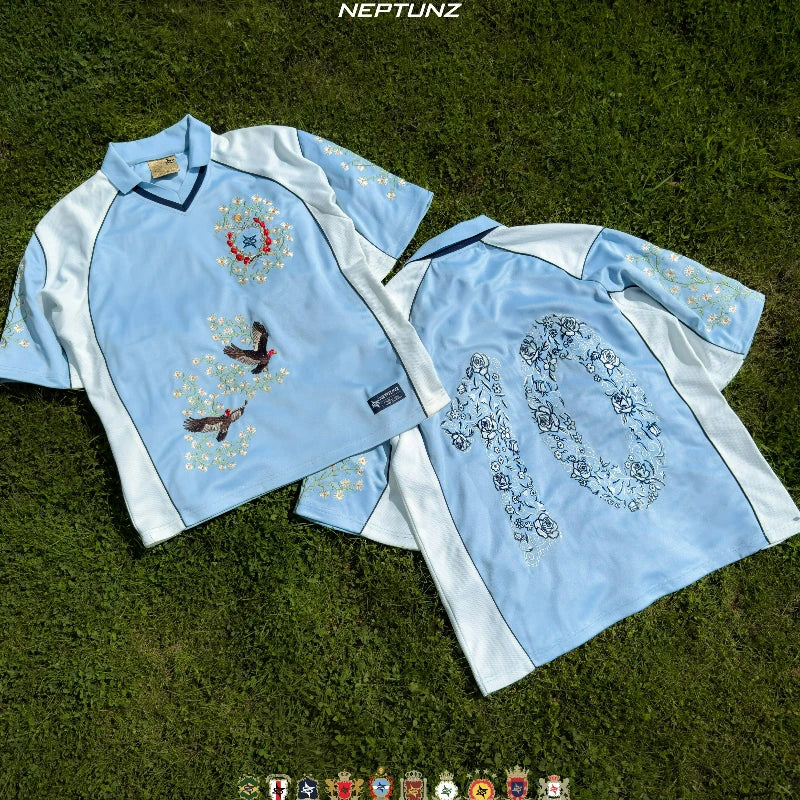 Y2K National Series Floral Embroidery Color Block Unisex T-Shirt