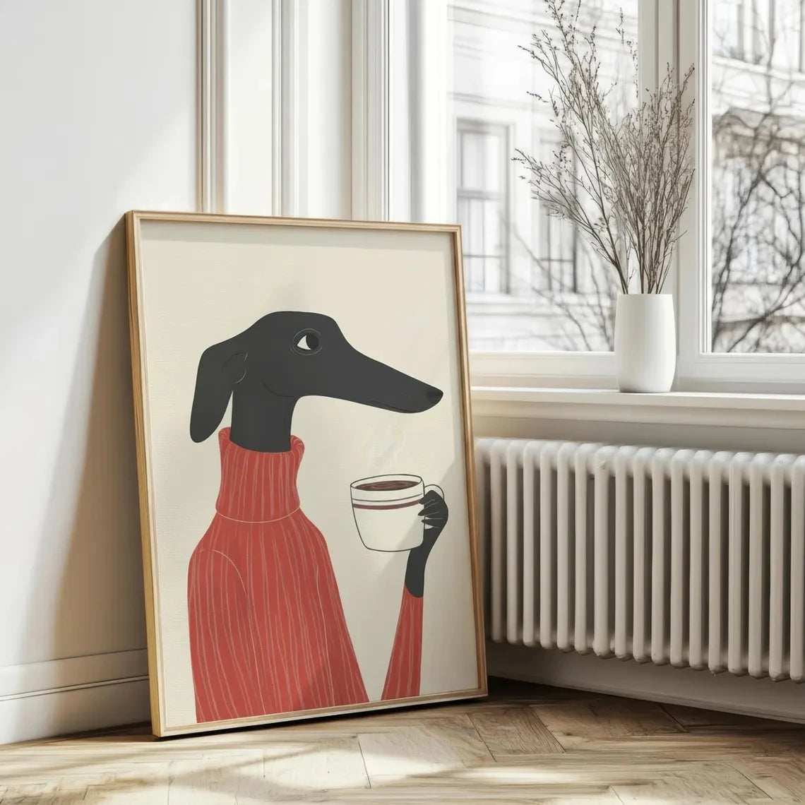 Greyhound with Coffee Canvas Wall Art Print – Whimsical Dog Poster