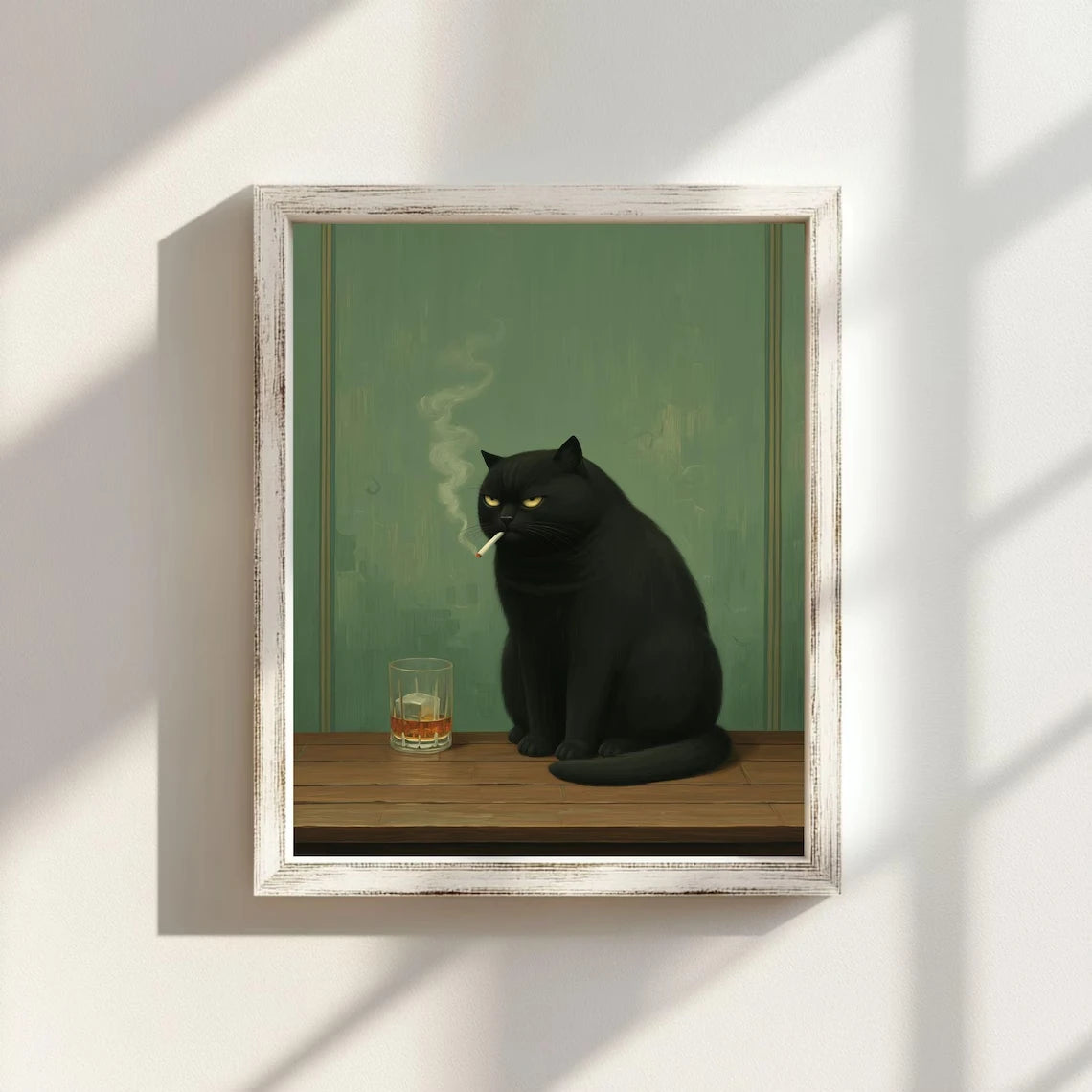 Moody Black Cat Smoking Whiskey Wall Art Canvas Poster