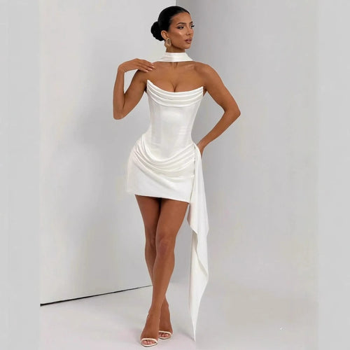 Strapless Satin Mini Dress – Draped Corset Cocktail Party Dress