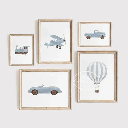 Boys Nursery Wall Art Vintage Travel Prints Blue Plane Balloon