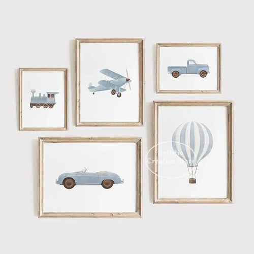 Boys Nursery Wall Art Vintage Travel Prints Blue Plane Balloon