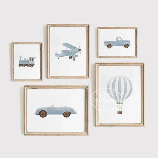 Boys Nursery Wall Art Vintage Travel Prints Blue Plane Balloon