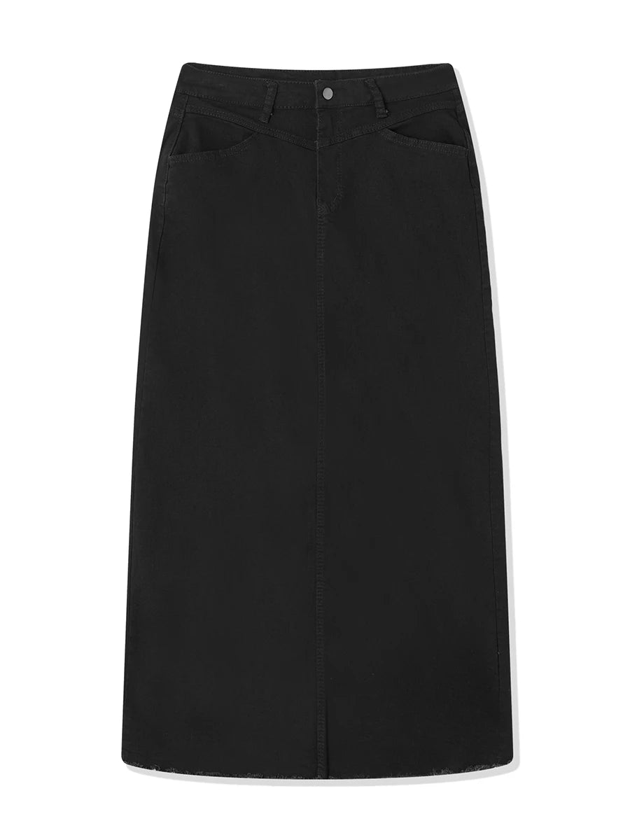 Y2K Vintage Denim Maxi Skirt – Women's A-Line Frayed Hem Long Jean Skirt